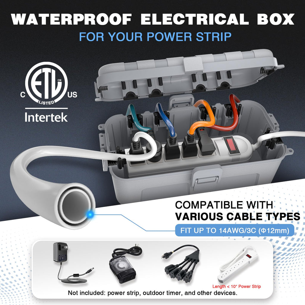 Flemoon Medium Outdoor Electrical Box (11.5x5.2x4 inch), IP54 Waterproof Extension Cord Cover w/6 Cable Entry Ports, Weatherproof Connection Box for Power Strip, Timer, Holiday Lights, Light Grey