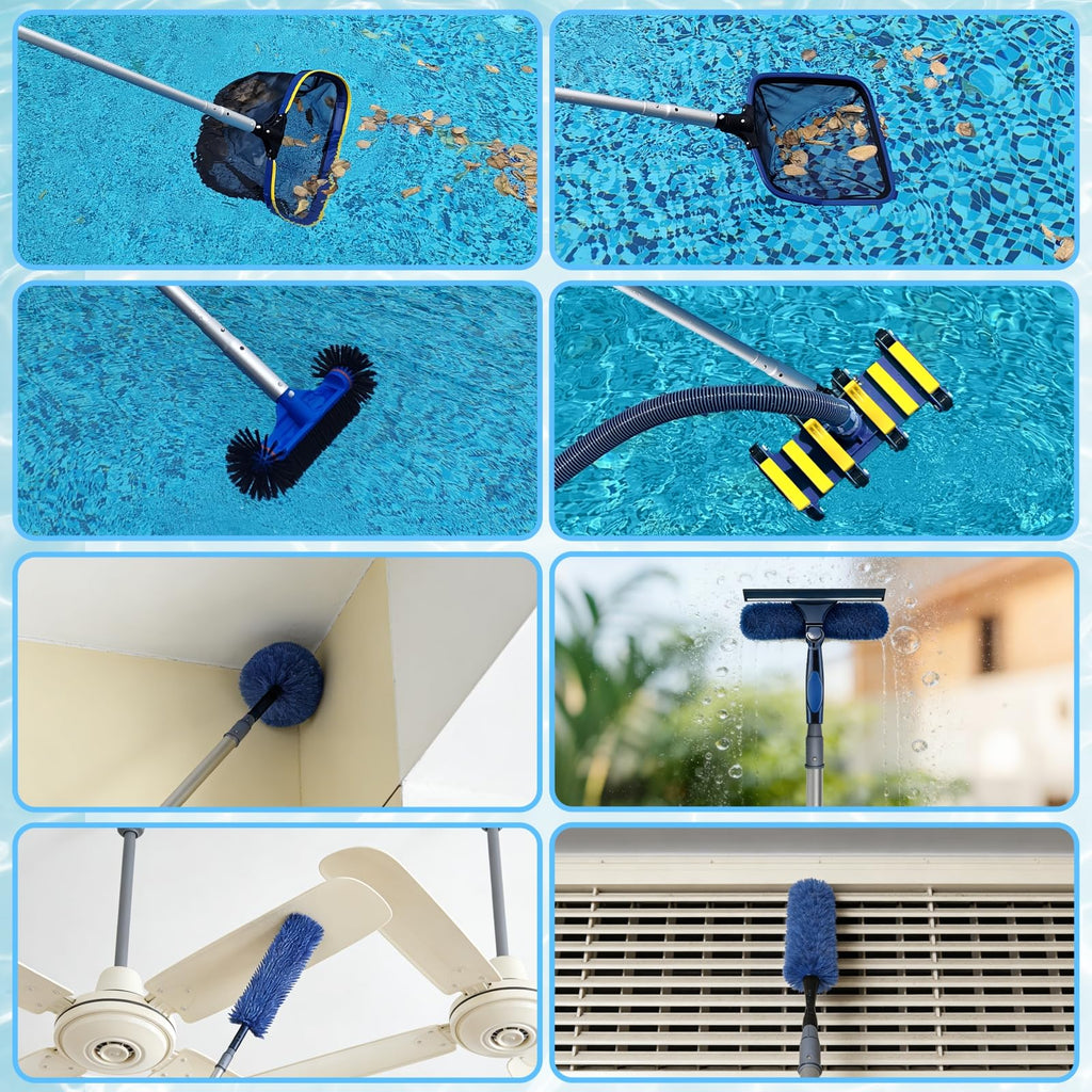 Poolvio 12FT Pool Pole, 2-Piece Telescopic Swimming Pool Cleaning Pole with Universal Threaded Tips, 2-in-1 Design for Skimmer Nets, Vacuum Heads, Brushes & Household Cleaning Tools