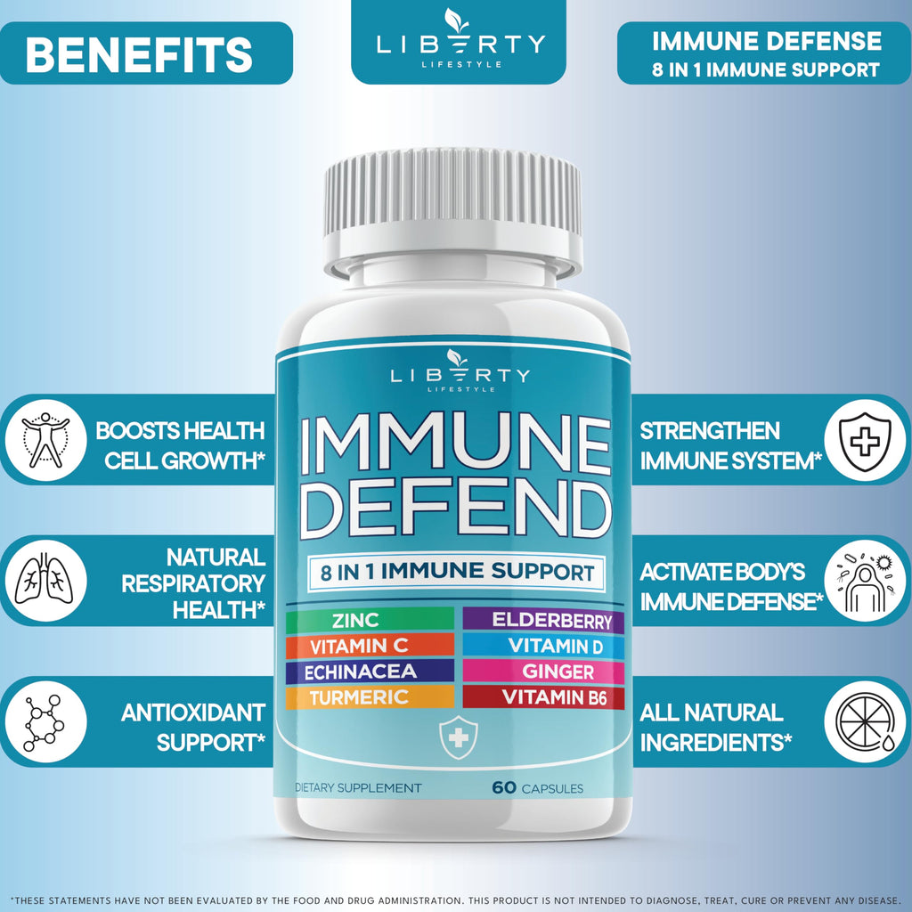 Liberty Lifestyle 8 in 1 Immune Supplement with Echinacea, Vitamin C and Zinc 50mg, Vitamin D 5000 IU, Turmeric Curcumin & Ginger, B6, Elderberry, 60 Capsules