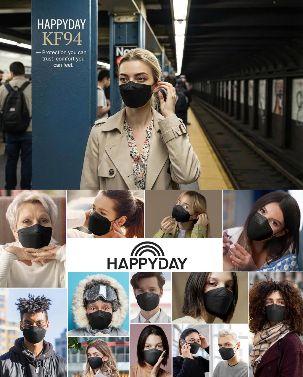 HAPPYDAY , 25 Packs, Made in KOREA Premium KF94 Micro Dust Protection Individually Packaged Black Face Mask Large