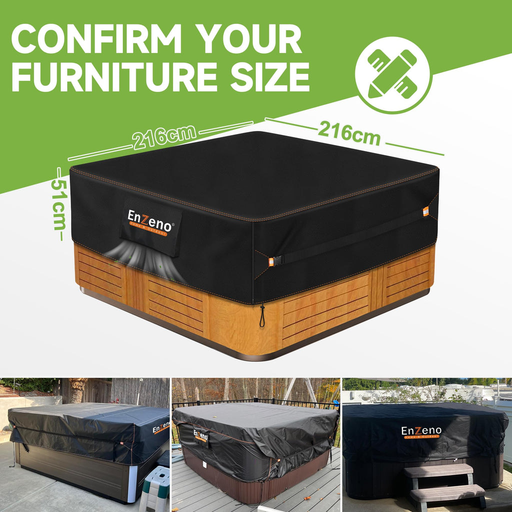 Enzeno Outdoor SPA Hot Tub Cover Waterproof Square 86 x 86 inch fit 84 x 84 or 83 x 83 or 82 x 82 or 7 ft x 7 ft 420D Heavy Duty Cub Hot Tub Lid Protectors Protective Cover Cap