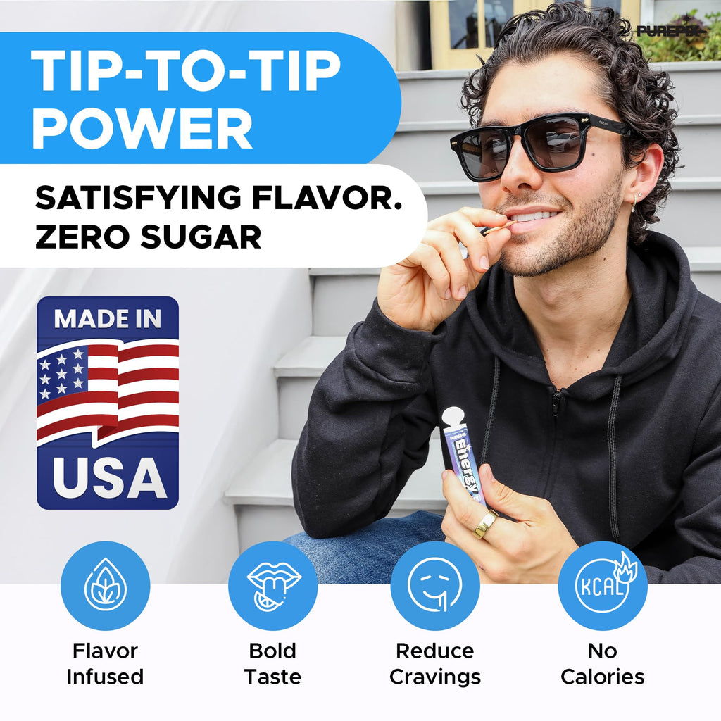 PurePix Energy Flavored Toothpicks with B12 & L-Theanine in 5 Bold Flavors (Apple Mint, Blurazz Ice, Cinnamon Ice, Spearmint, Strawberry Ice), 20mg Caffeine Birchwood Infused Toothpick, (5×20 Count)