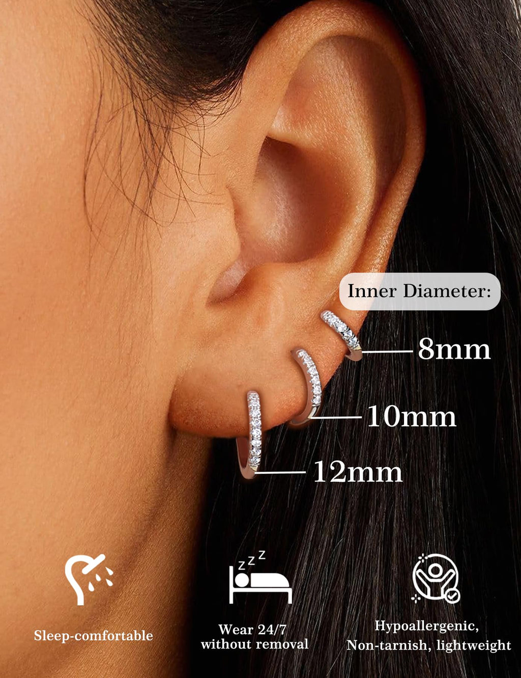 3 Pairs 925 Sterling Silver Moissanite Huggie Earrings for Women Men, Small Hoop Hypoallergenic Cartilage Earrings, Gifts Jewelry Set (18K White Gold)