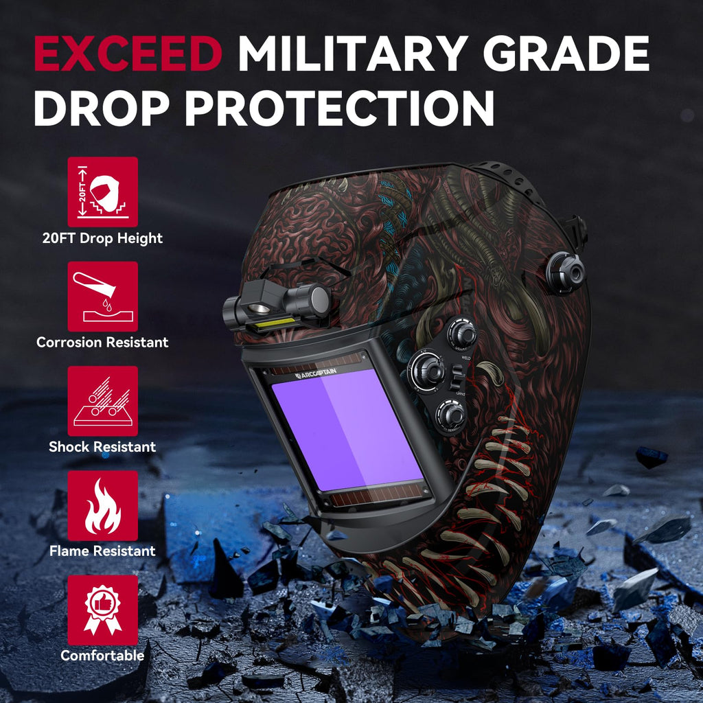 ARCCAPTAIN Large View 3.94" x 3.66" True Color Auto Darkening Welding Helmet with Light, Solar Powered Welding Hood, 4 Arc Sensor Wide Shade 4/5-9/9-13 for Stick MIG TIG Cut, Alien