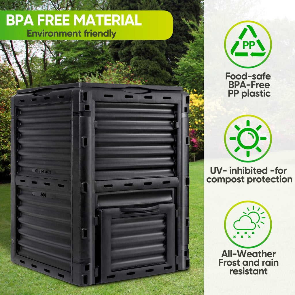 F2C Compost Bin 80 Gallon,Includes Gloves, Large Compost Bin w/Top Flip Latch-on Lid, Bottom Exit Door Aerating Outdoor Garden Compost Box,BPA Free Material for Backyard Outdoor, Black