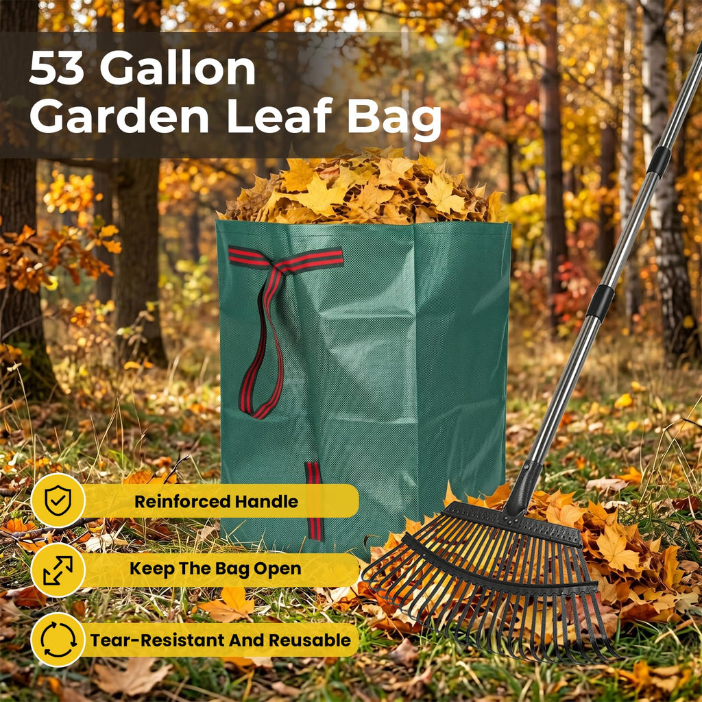 Rake for Leaves - 25 Tines Heavy Duty Metal Rake Set with Leaf Scoops & 53 Gallon Bag, Adjustable 67.5" Garden Rake, 3-in-1 Tool for Yard Pine Needle Grass Cleanup