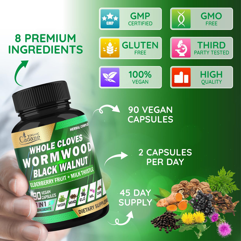 Organic Cadane Wormwood Whole Cloves Black Walnut | Digestive & Herbal Support | Elderberry, Milk Thistle & More | Non-GMO, Vegan – 90 Capsules – 45-Day Supply