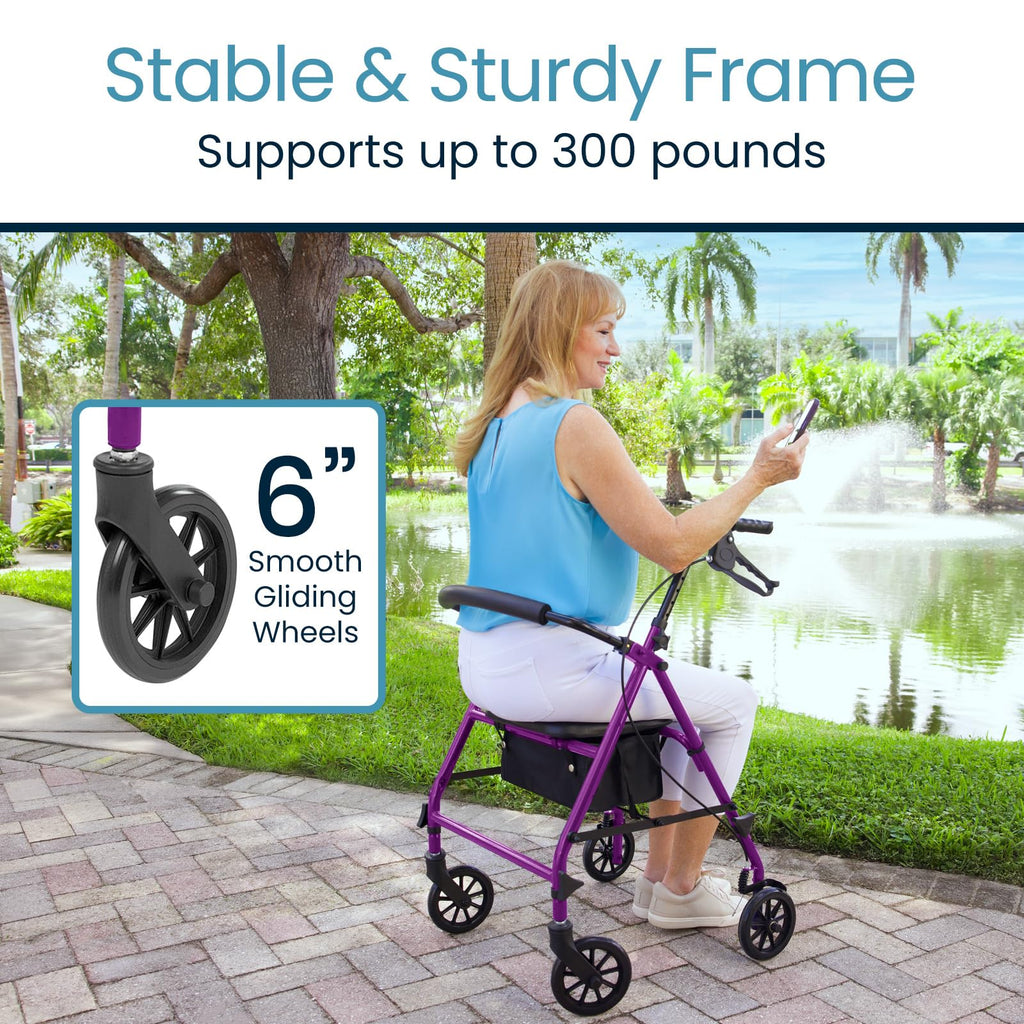 Vive Mobility Steel Rollator Walker with Seat - Foldable, Narrow, Rolling Senior Walker for Small Spaces - 4 Wheel Lightweight Adult Easy Drive with Underseat Storage, Adjustable Height (Purple)