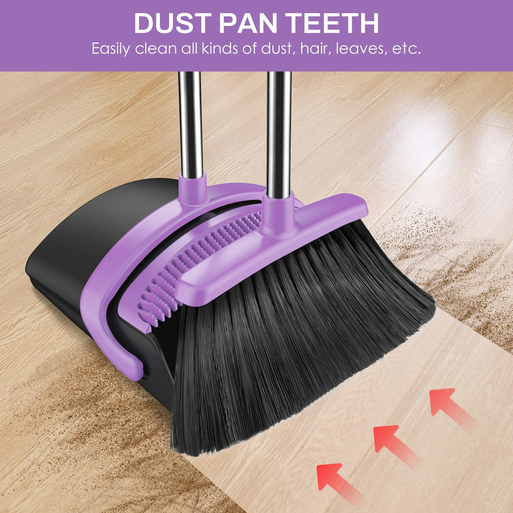 EZKEY Broom and Dustpan Set for Home, 51-in Long Adjustable Handle Angle Broom and Dustpan Combo Set with Dust Pan Teeth to Clean Hair for Home Kitchen Office Lobby Floor Garden (Black&Purple)