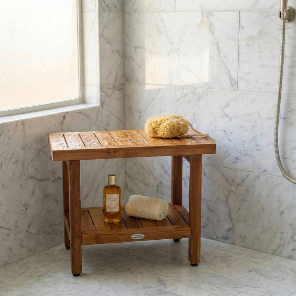 AquaTeak The Original 24" Spa Teak Shower Bench with Shelf