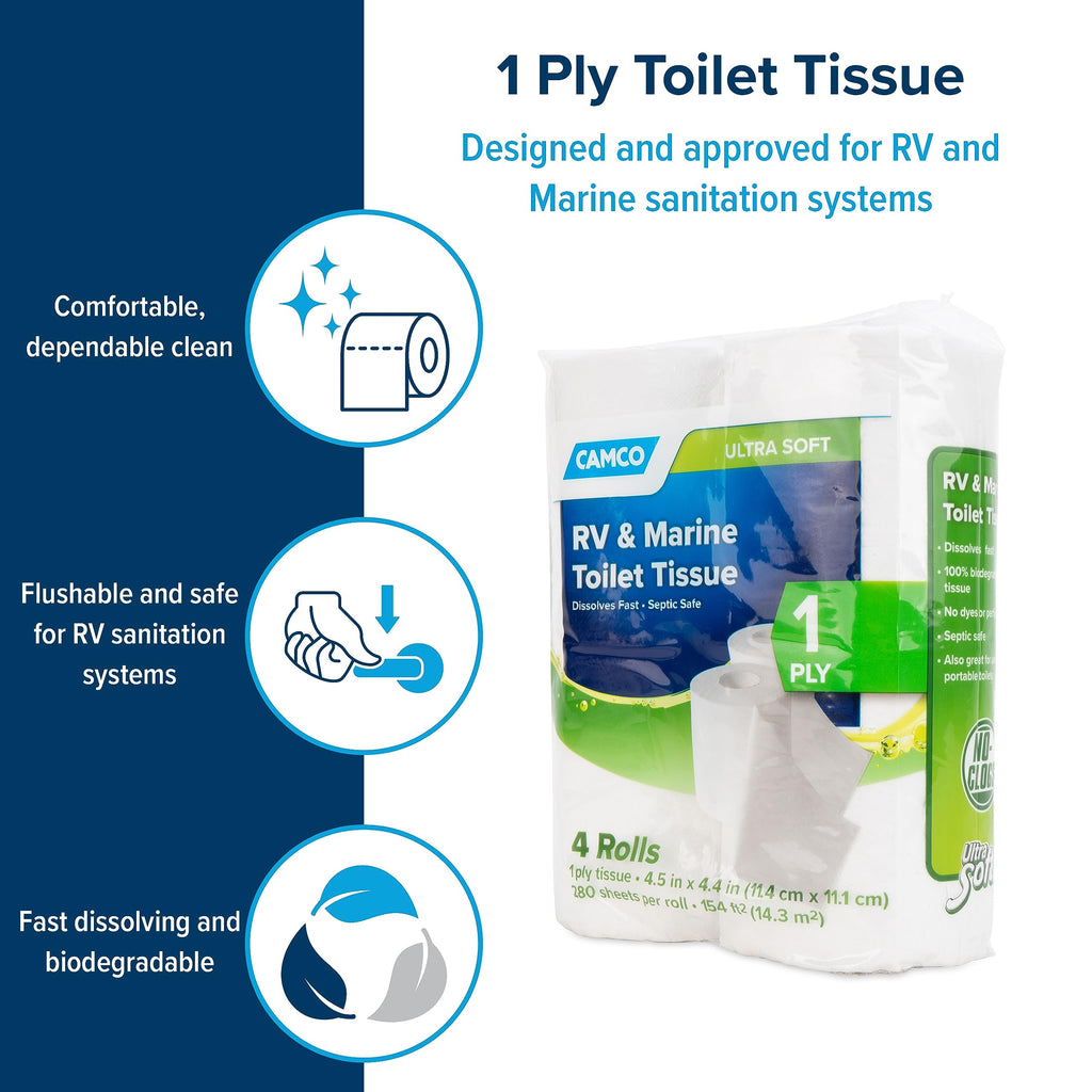 Camco 1-Ply RV Toilet Paper - 4 Rolls - Quick Dissolve & Septic Safe
