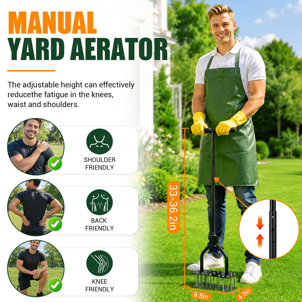 Lawn Aerator Tools, 3 Height Manual Yard Aerator with Self-Cleaning Design