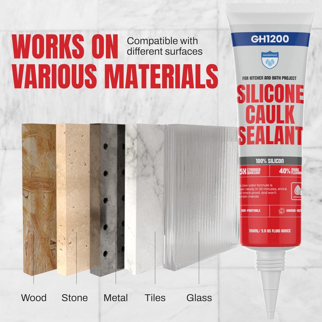 GH1200 150 ML/5 FL Oz Silicone Caulk Clear Silicone Sealant Waterproof, Kitchen & Bathroom Caulk - Shrink & Crack Proof - Indoor & Outdoor Use Silicone Glue - Strong Caulking Formula Tube