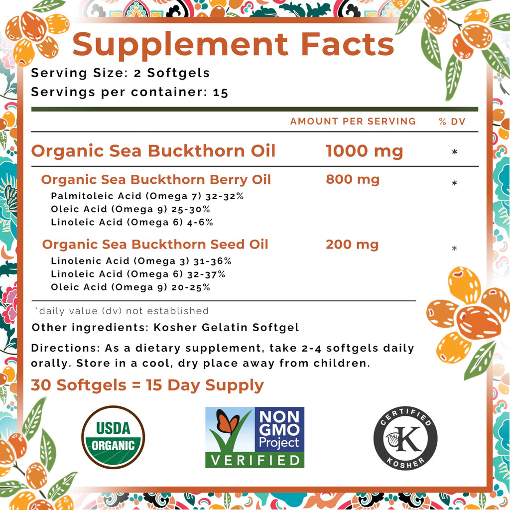 SEABUCKWONDERS Organic Sea Buckthorn Oil Omega-7 Complete, 30 Softgels, 15 Day Supply, with Omega 3, 6 & 9, Supports Hair, Skin & Nails, 100% Pure with Zero Filler Oil