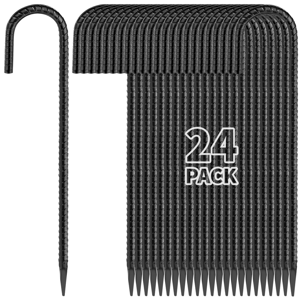 Besitu 16 Inches 24-Pack J Hook Rebar Stakes Heavy Duty Tent Stakes with Chisel Point End, Steel Ground Anchors Metal Garden Stakes Chain Link Fence Stakes Black Coated