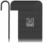 Besitu 16 Inches 24-Pack J Hook Rebar Stakes Heavy Duty Tent Stakes with Chisel Point End, Steel Ground Anchors Metal Garden Stakes Chain Link Fence Stakes Black Coated