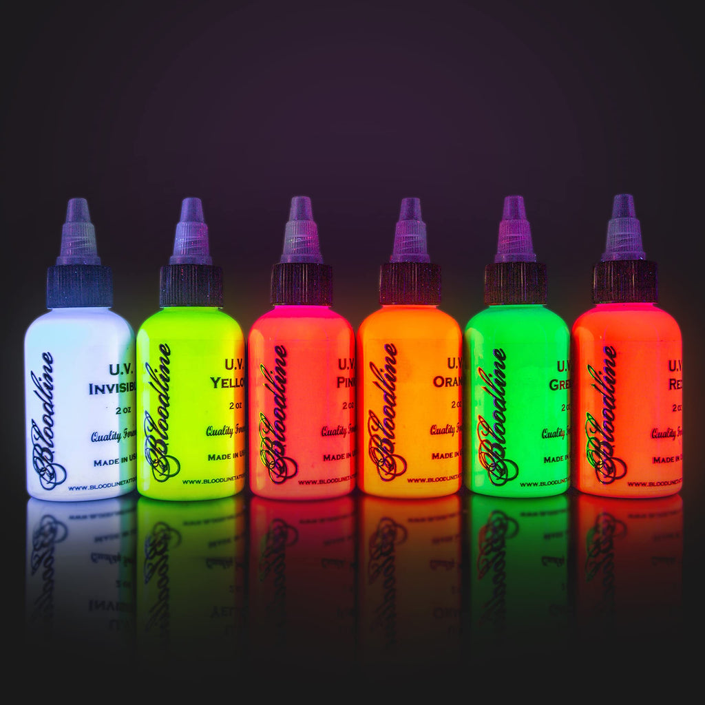 Bloodline Ink Professional Blacklight UV 6 Color Set - 1/2 oz (15 ml) - Highlight Series. Made in The U.S.A. Six Bright Fluorescent Inks for Your Vibrant Ideas