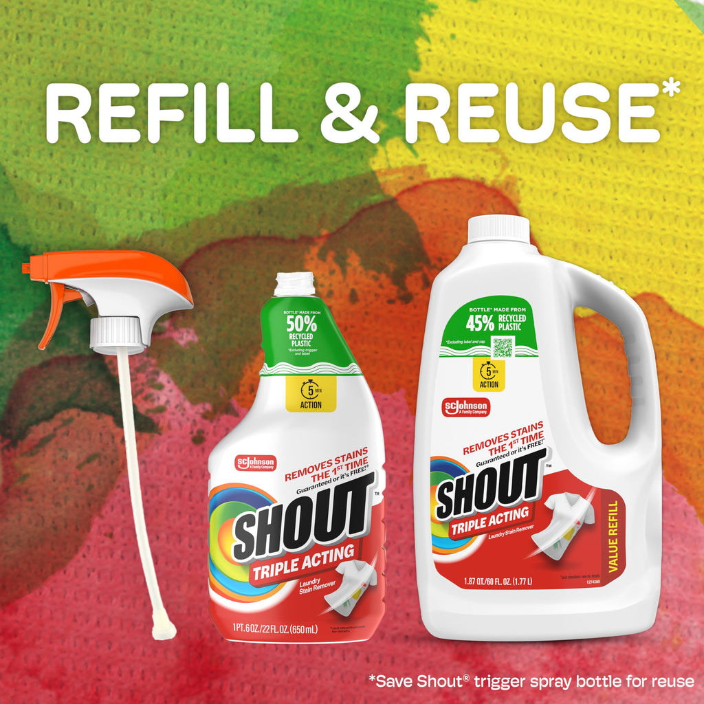 Shout Triple-Acting Laundry Stain Remover for Everyday Stains Liquid Refill, 60 fl oz - Pack of 6