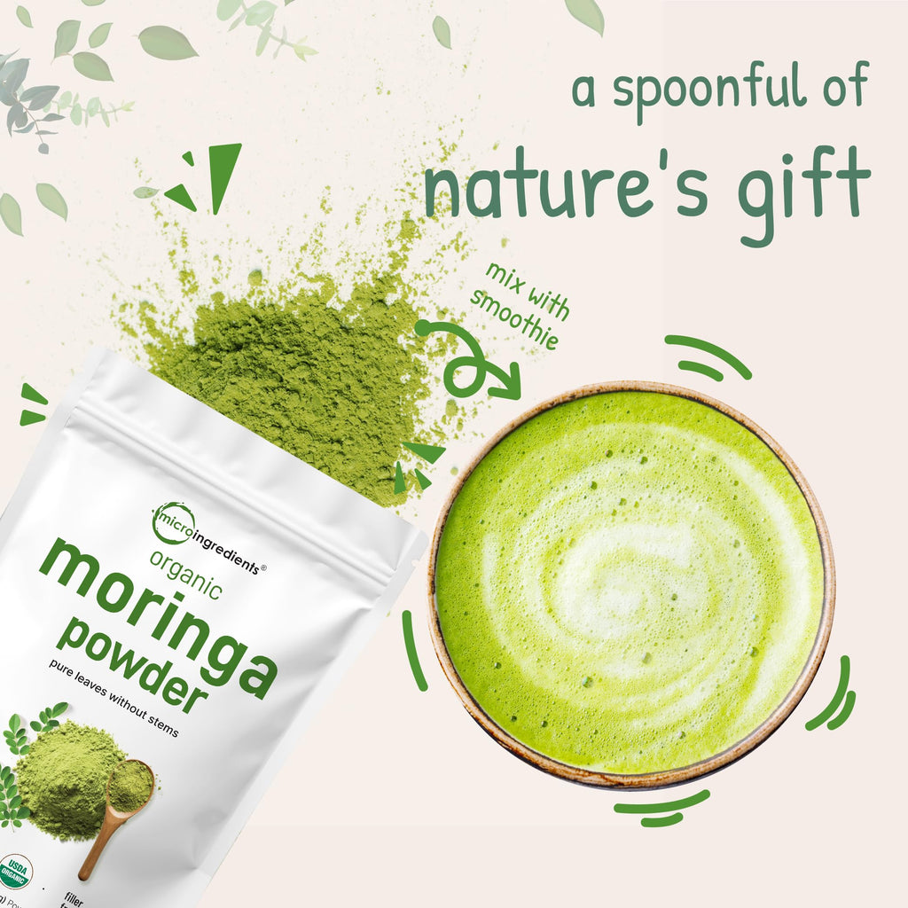 Micro Ingredients Organic Moringa Oleifera Leaf Powder, 2 Pound | Rich in Antioxidants & Immune Vitamins | Pure Leaves Without Stems | Great Superfoods for Tea or Drink | India Grown, Vegan