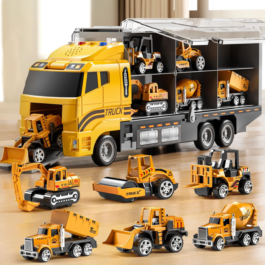 NIPLOOOW Kids Boys Construction Truck Vehicle Toy Set with Play Mat and Die-Cast Toy Car, Transport Carrier Truck for Kids 3-5, Birthday Gifts Toys for 3-8 Year Old Boys
