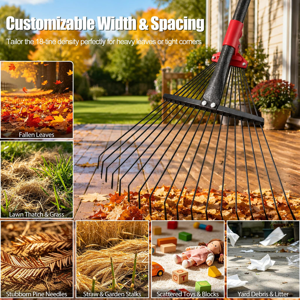 76Inch Adjustable Metal Leaf Rake, 18 Metal Tines Heavy Duty Leaves Rake for Lawns with 8-18" Expandable Head Long Handle Garden Rakes for Leaves Yard Gardening Grass Outdoor Camping Debris