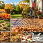 76Inch Adjustable Metal Leaf Rake, 18 Metal Tines Heavy Duty Leaves Rake for Lawns with 8-18" Expandable Head Long Handle Garden Rakes for Leaves Yard Gardening Grass Outdoor Camping Debris