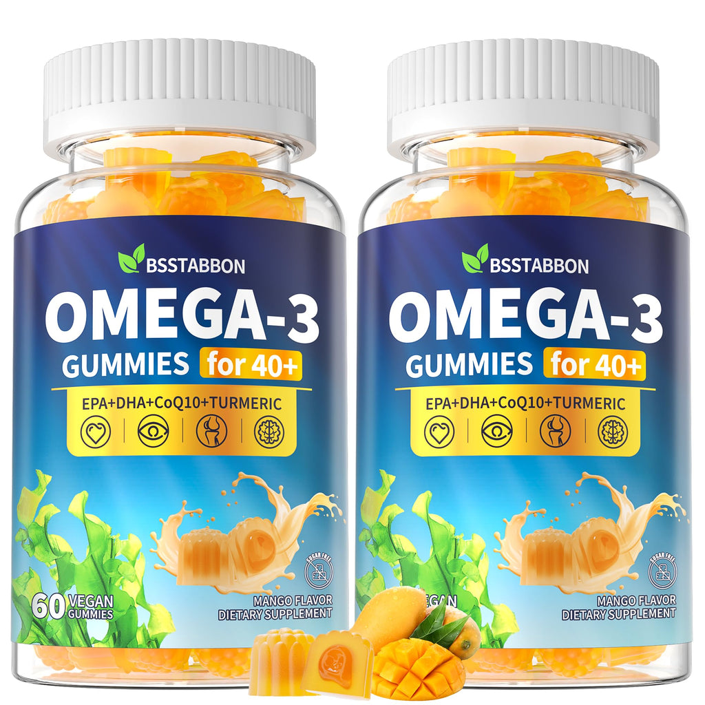 BSSTABBON Omega-3 Gummies Supplement for Adults 40+: 1280mg Vegan Omega3 Fatty Acid DHA EPA with Vitamin D3 K2 Zinc Turmeric for Overall Health Support - Fish Oil Alternative for Women Men(120Count)