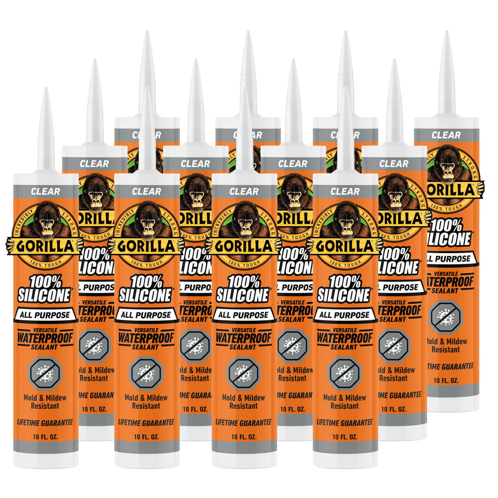 Gorilla 100% Silicone Sealant All Purpose, 10 Ounce Cartridge, Clear (Pack of 12)