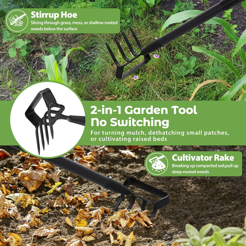 Garden Hoe,2 in 1 Heavy Duty Stirrup Hoe and Cultivator Gardening Tool Set with 62 inch Long Handle,Lightweight Hoes Weeding Rake for Fast Weeds Grass Removal,Cultivating, Loosen Soil, Sharp Edge