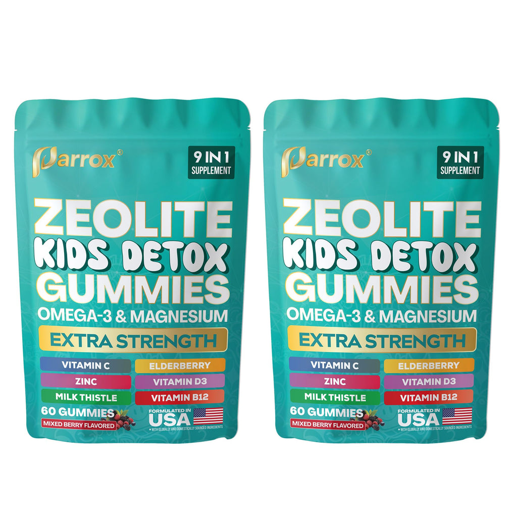 Parrox Zeolite Kids Detox Gummies, 9-in-1 Extra Strength with Zeolite, Omega-3, Magnesium, Elderberry, Vitamin C, Milk Thistle, Vitamin D3, Zinc, B12 – Sugar-Free (Mixed Berry Flavor - 2 Pack)