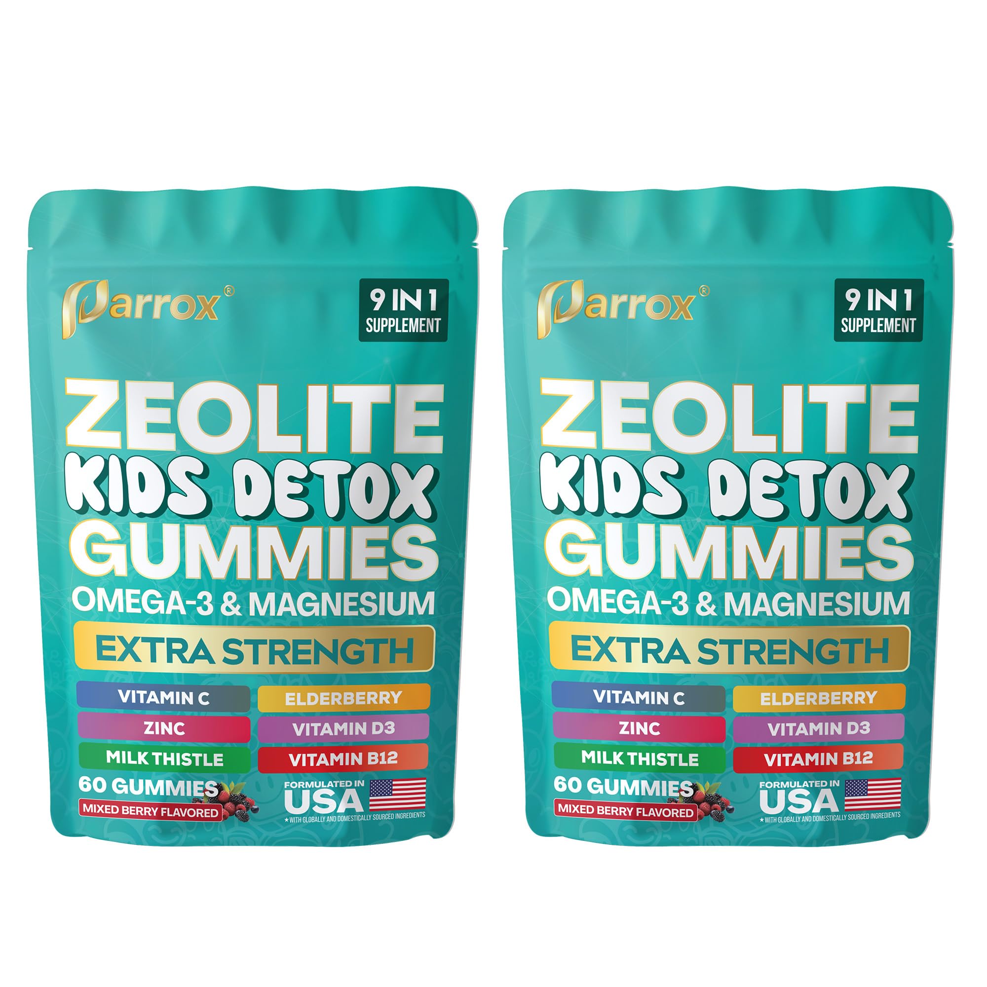 Parrox Zeolite Kids Detox Gummies, 9-in-1 Extra Strength with Zeolite, Omega-3, Magnesium, Elderberry, Vitamin C, Milk Thistle, Vitamin D3, Zinc, B12 – Sugar-Free (Mixed Berry Flavor - 2 Pack)