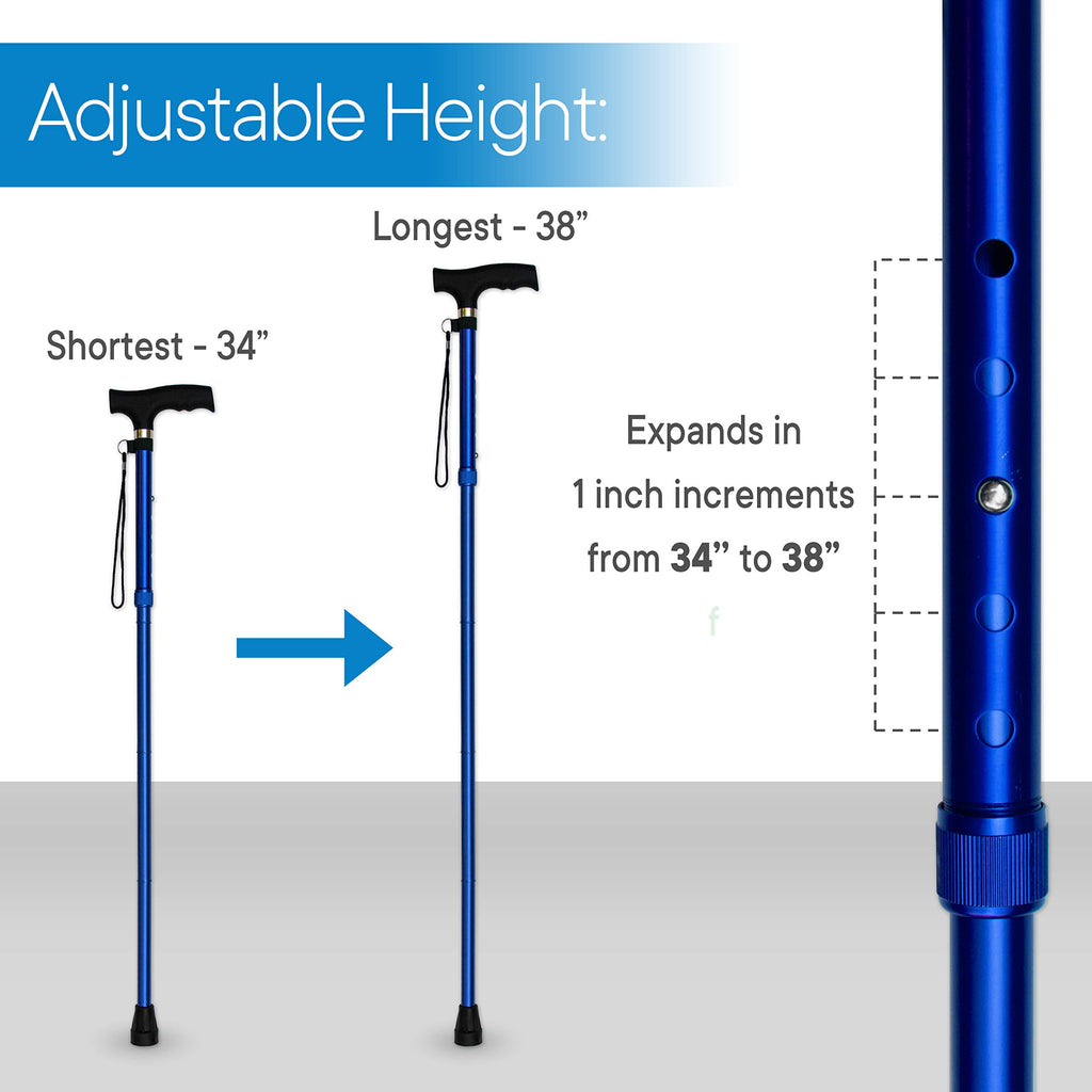 RMS Folding Cane - Foldable, Adjustable, Lightweight Aluminum Offset Walking Cane - Collapsible Walking Stick with Ergonomic Derby Handle - Ideal Daily Living Aid for Limited Mobility (Blue)