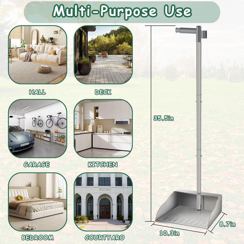 Dust Pans with Long Handle,Heavy Duty Metal Dust Pan with Handle,Upright Stand Up Dustpan with Dust Pan Teeth to Clean Hair for Home Kitchen Office Lobby Floor Garden