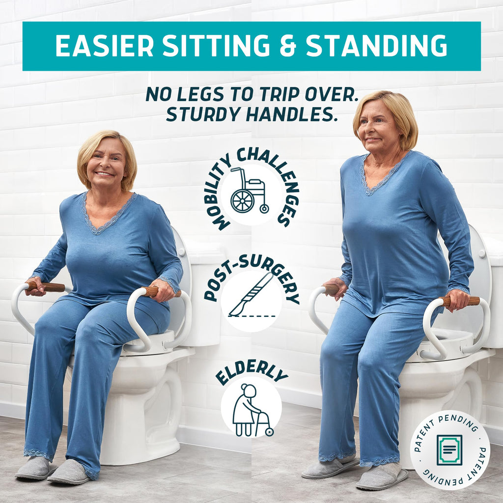 Lunderg Raised Toilet Seat with Handles - Elongated - Easy to Install Toilet Seat Risers for Seniors - Adds 3 Inches & Works like the one you’ve always used - Elegant design - No Hospital Vibe