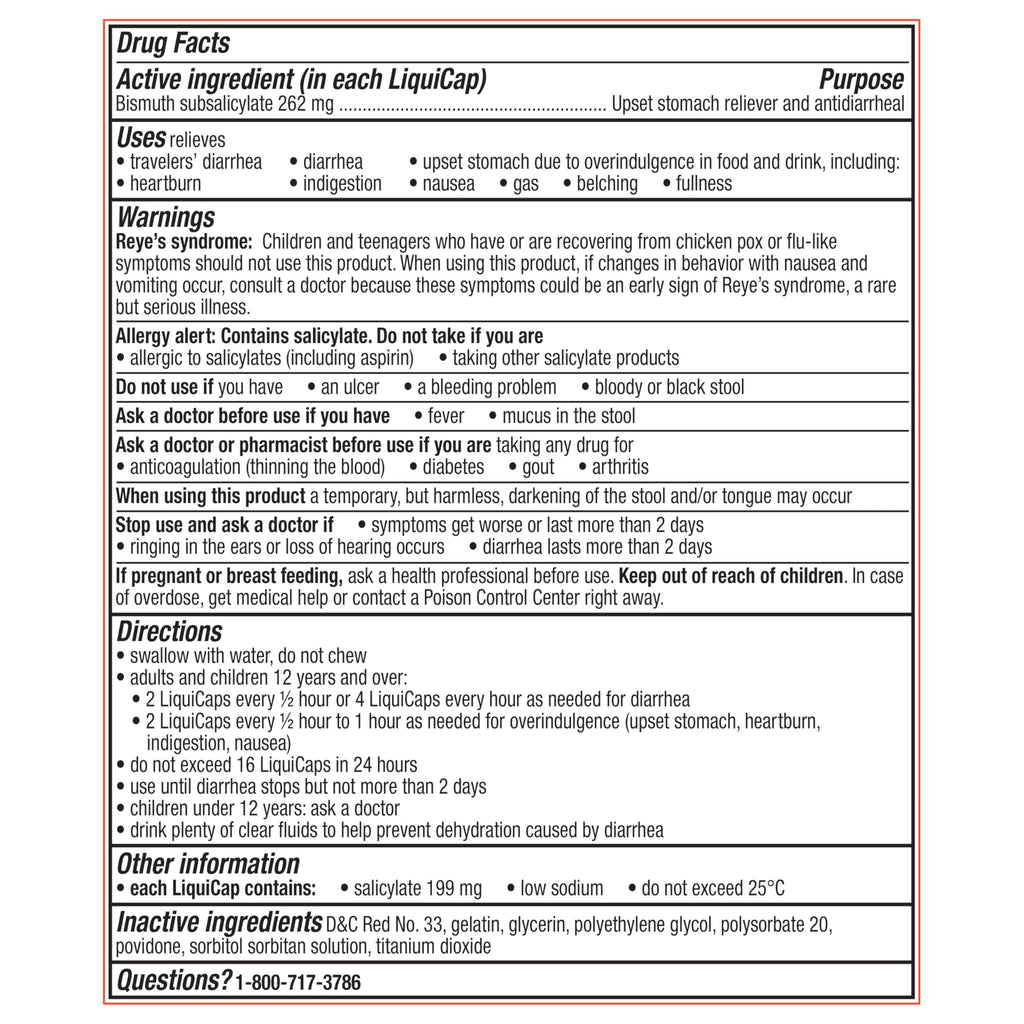 Pepto Bismol Liquicaps, Upset Stomach Relief, Nausea Relief, Heartburn Relief, Indigestion Relief, Anti Diarrhea Medication for Adults - 5 Symptom Fast Relief, No Flavor, 48 ct