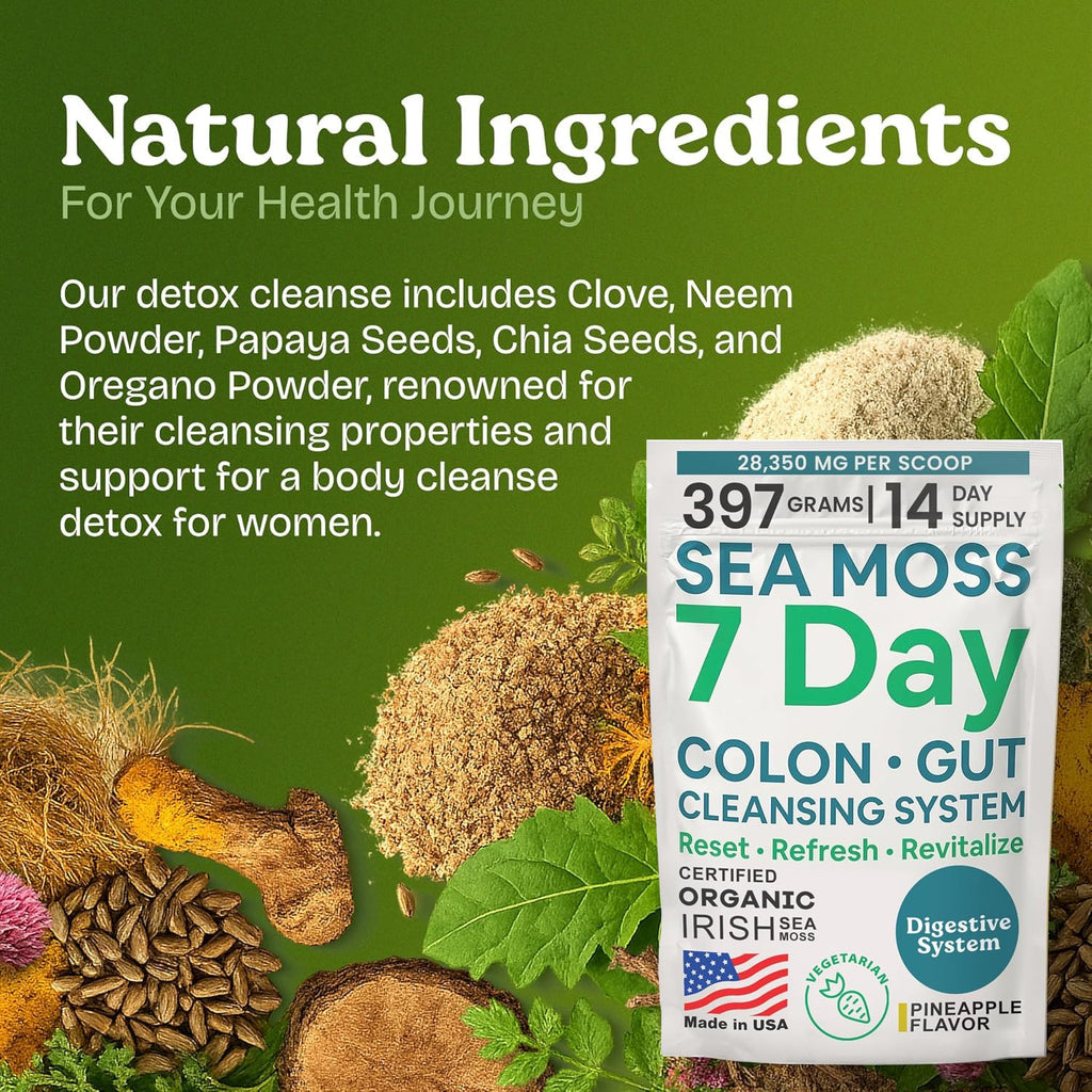 Atlantic Naturals Sea Moss 7-Colon Cleanse Powder | Formulated with Psyllium Husk, Fiber, & Senna Powder | Supports Immune & Gut Health for Women & Men, Pineapple Flavor Drink Mix, 14 oz