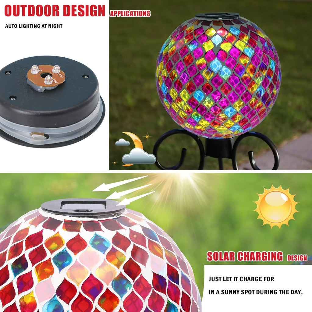 VCUTEKA Solar Gazing Ball, 10" Mosaic Glass Garden Globe Outdoor Decor, Red