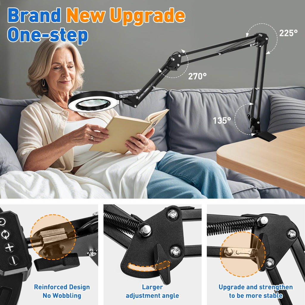 NUEYiO Ultra Long 3-Section Swing Arm 12X Magnifying Glass with Light and Stand, 4-way Large Strong Metal Clamp Lighted Magnifier Lamp, 5 Color Modes LED Magnifying Lamp for Workbench, Crafting, Hobby