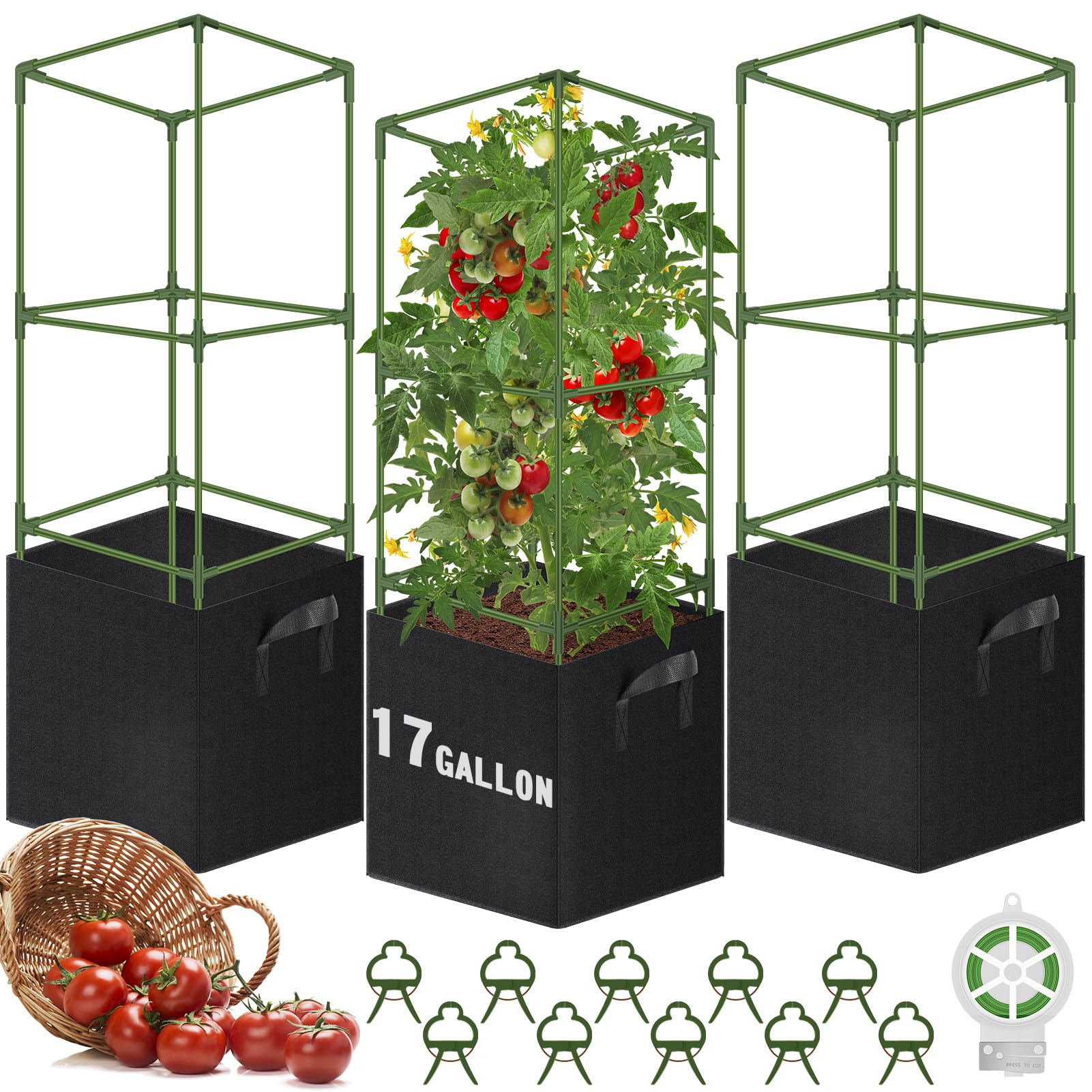 WLLEYAY 3 Pack 46'' Square Tomato Cages with 17 Gallon Grow Bags