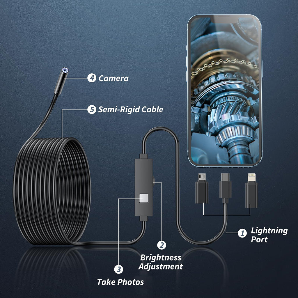 Kinpthy Endoscope Camera with Light,1920P HD Borescope Tools with 8 Adjustable LED Lights, Endoscope with Semi-Rigid Snake Camera, Inspection Borescope for iOS and Android-16.4ft Single Lens