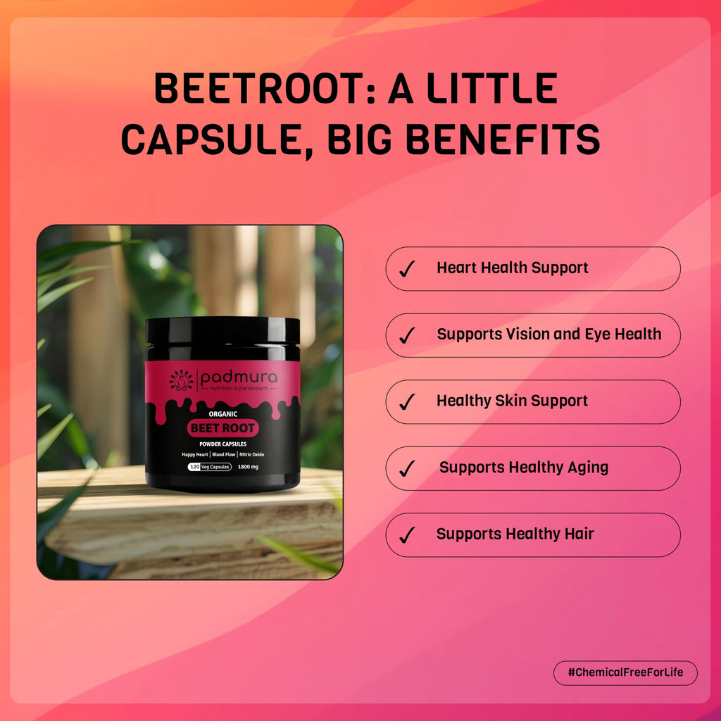 PADMURA Organic Beet Root Powder Capsules 1800mg - Healthy Blood Pressure & Happy Heart | USDA Organic Certified | Non GMO | Gluten Free | Vegan - 120 Veg Capsules