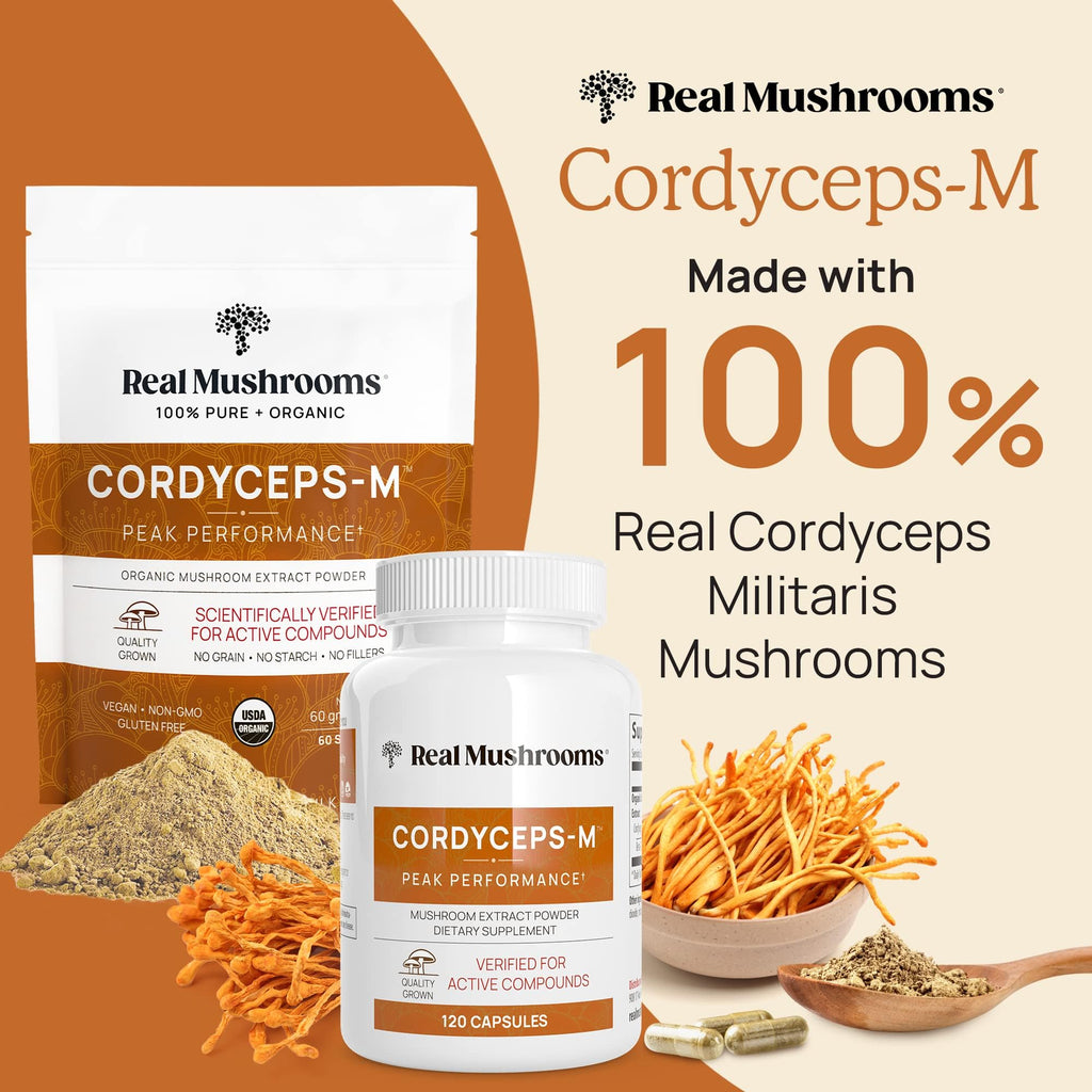Real Mushrooms Capsules Supplements - Organic Cordyceps Mushroom Powder in Capsules - Energy and Performance Mushrooms with Verified Beta Glucans - Vegan, Non-GMO, 300 Capsules