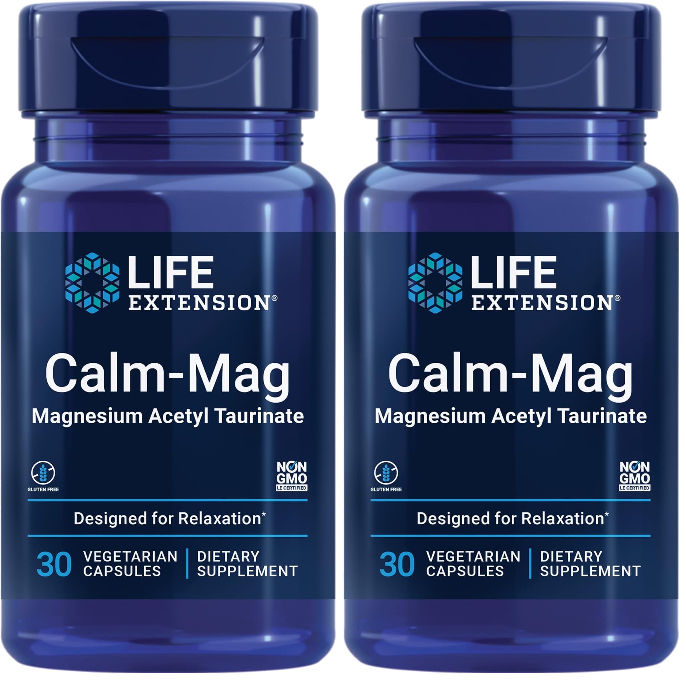 Life Extension Calm-Mag, Magnesium Acetyl taurinate, Daily Stress Management Formula, Supports Calmness and Relaxation, Gluten-Free, Non-GMO, Vegetarian, 30 Capsules,(Pack of 2)