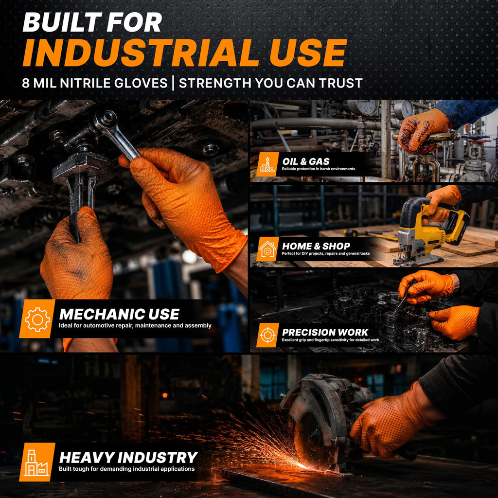 TitanFlex Heavy Duty Industrial Orange Nitrile Gloves, 8-mil, Gloves Disposable Latex Free with Raised Diamond Texture Grip, Powder Free, Rubber Glove, Mechanic Gloves,100-ct Box (XL)