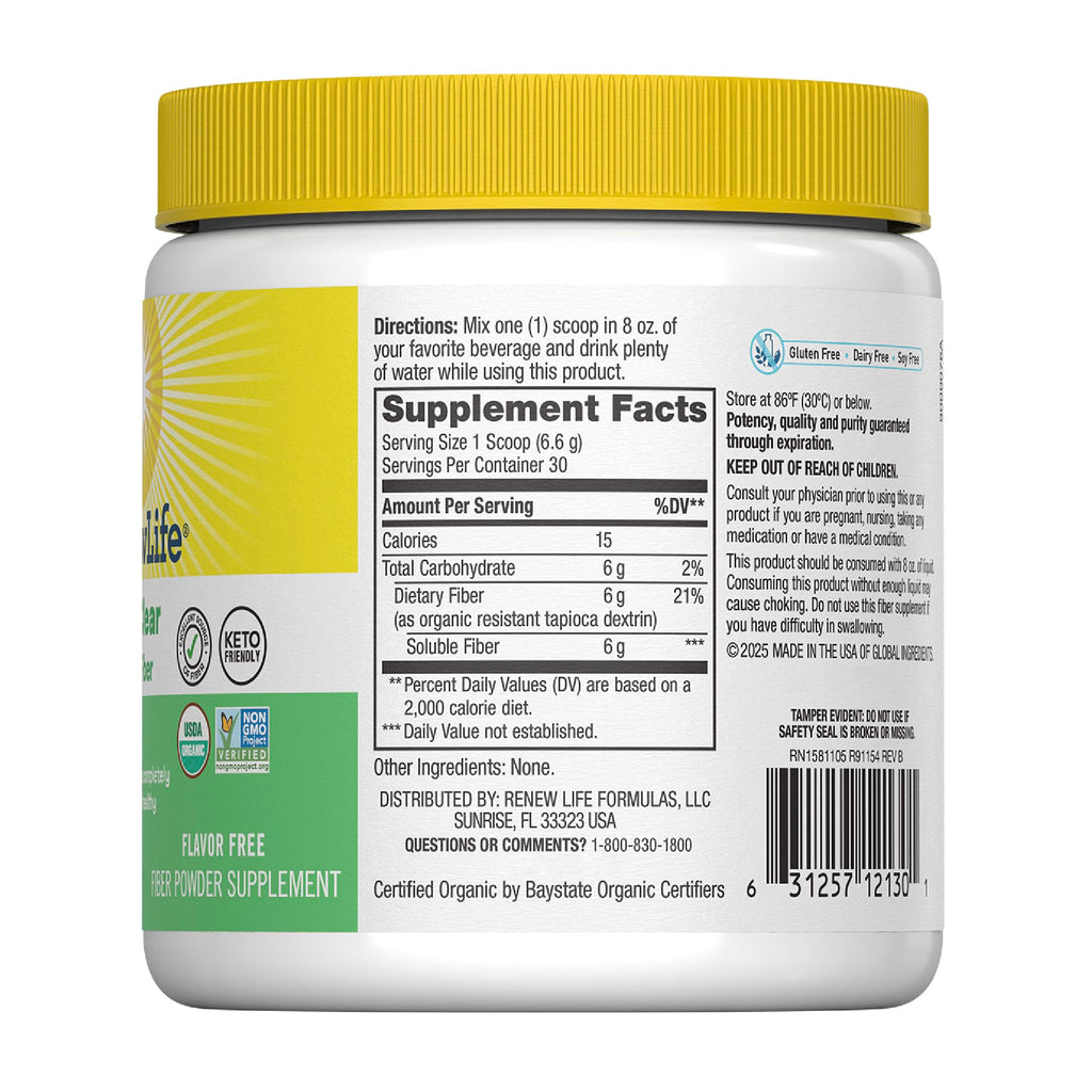 Renew Life Adult Completely Clear Organic Prebiotic Keto Friendly Fiber, Powder, 7 oz. (Package May Vary)