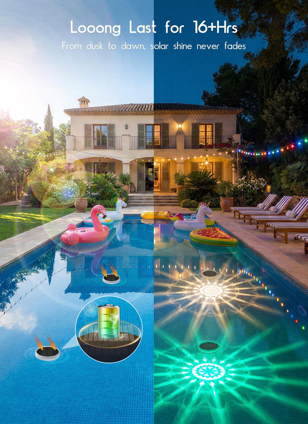 Floating-Solar-Pool-Lights 2 Pack, RGBWW 12 Lighting Modes, 3 Dimming & Timing IP68 Waterproof with Remote Control, Solar Floating Pool Lights for Above Ground Pools Inground Pools Accessories Bathtub