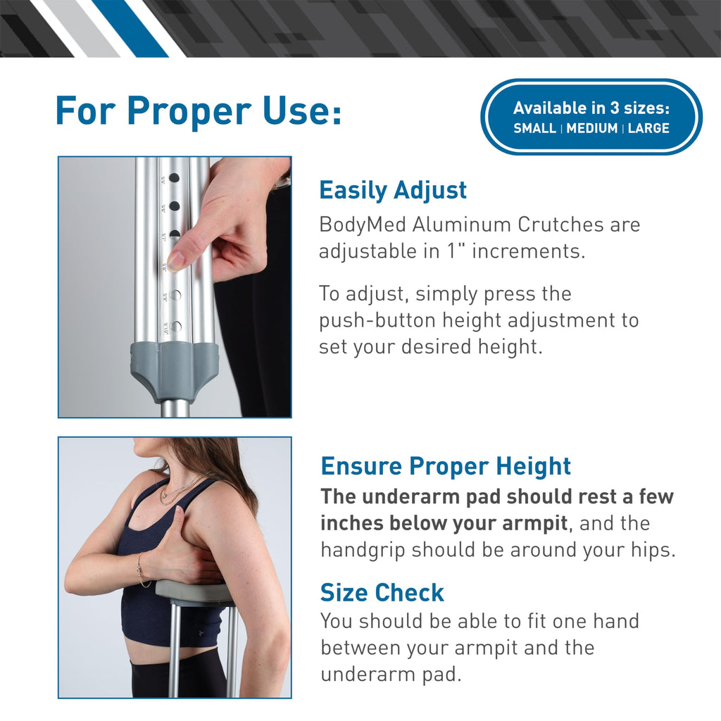 BodyMed Aluminum Crutches, Tall (Pair) - Adjustable Height (5'10" - 6'6"), Lightweight Design, Padded Underarm Cushions & Hand Grips, Non-Slip Rubber Tips - Supports Up to 300 Pounds