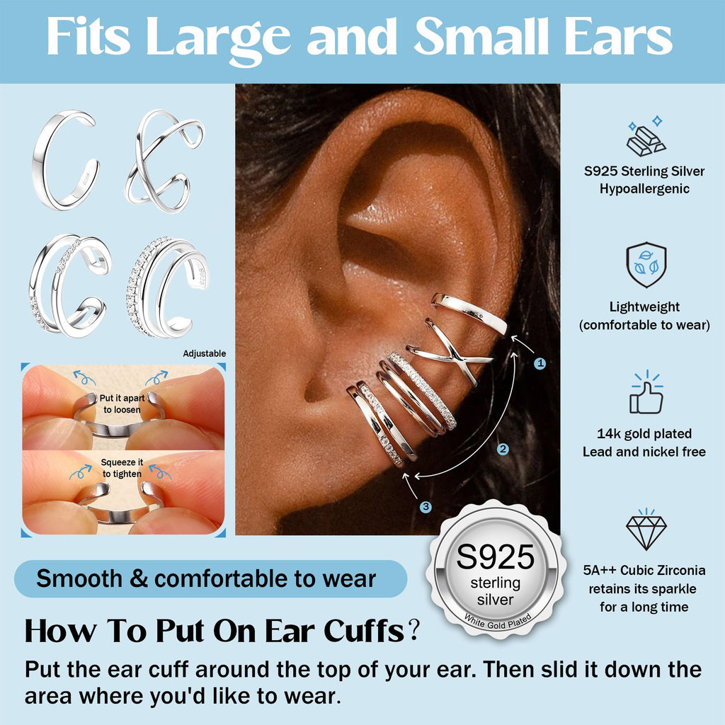 JeryWe 4 Pcs 925 Sterling Silver Ear Cuff for Women Non Piercing Adjustable Ear Cuff Earrings Clip On Cartilage Helix Wrap Ear Jewelry Set Sliver