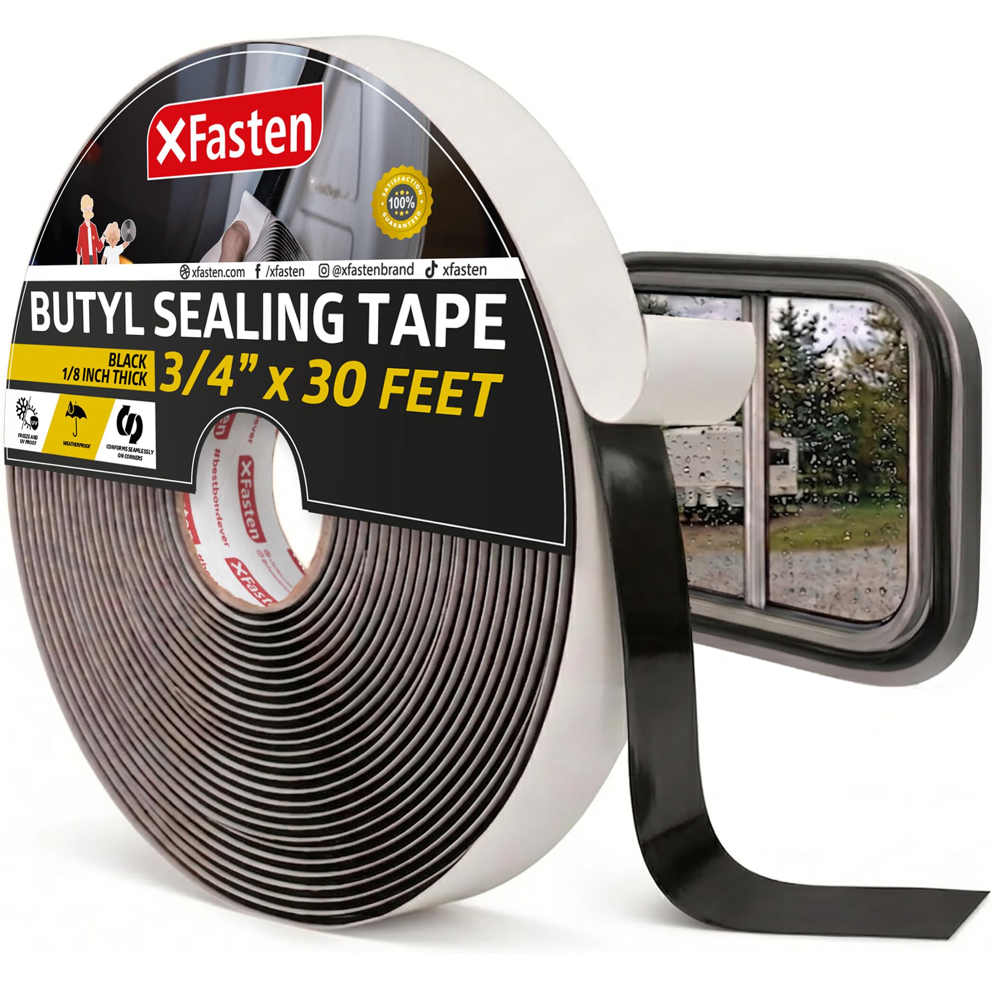 XFasten Butyl Sealing Tape, Black, 1/8-In x 3/4-In x 30-Foot Plumbers Putty, RV Sealant, Boat Sealing, EDPM Butyl Tape