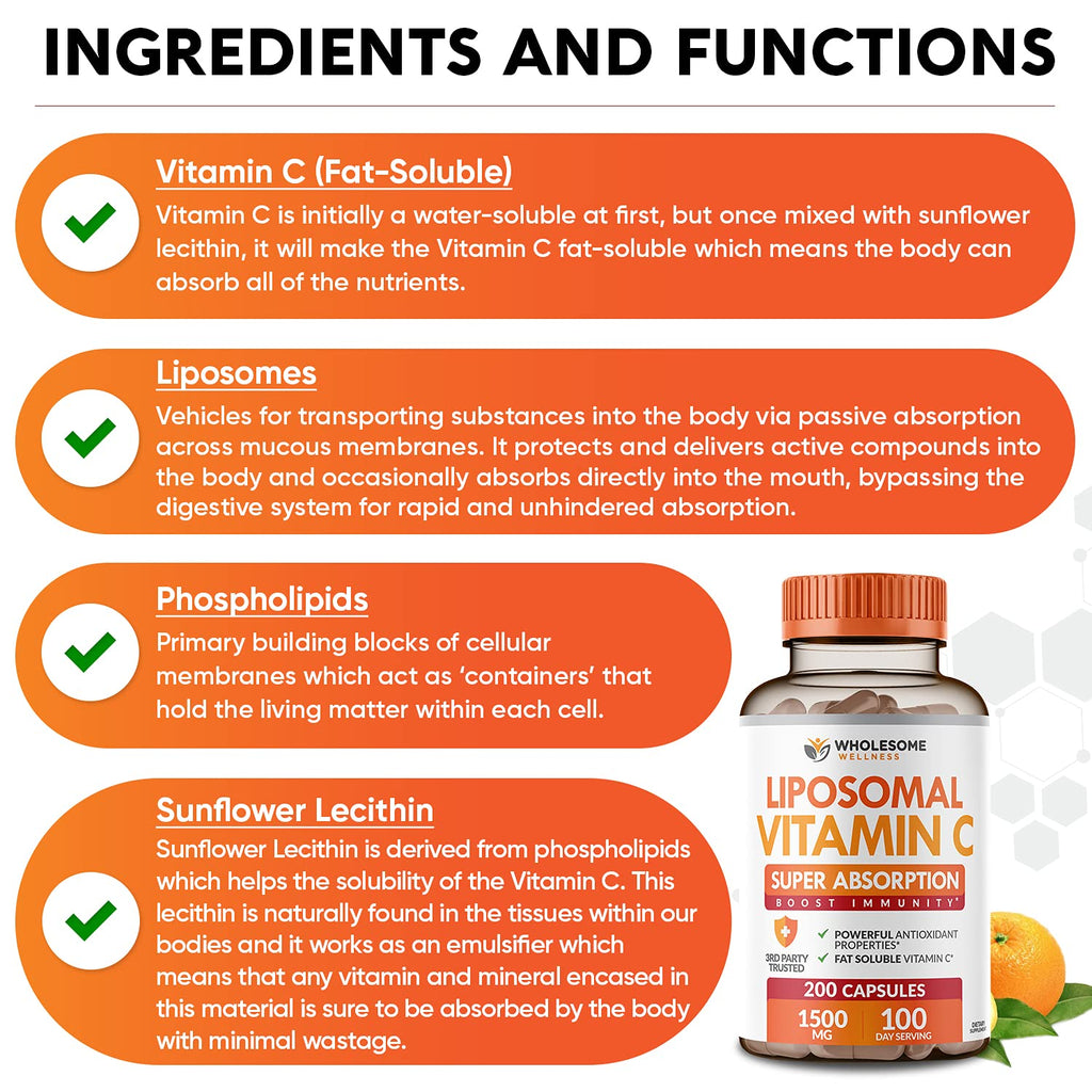 Wholesome Wellness Liposomal Vitamin C Capsules (200 Pills 1500mg Buffered) High Absorption, Immune System & Collagen Booster, High Dose Fat Soluble Immunity Support Ascorbic Acid, Natural Vegan